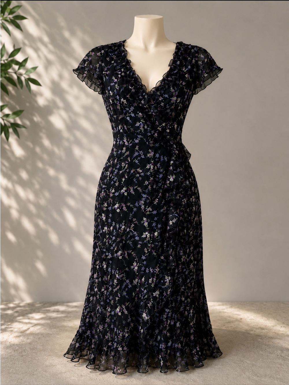Light flowy black purple green vintage dress